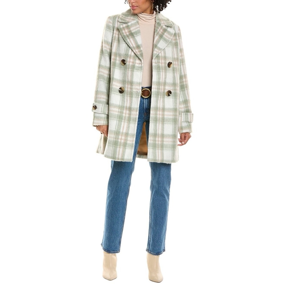 Sam Edelman Coat Plaid Double Breasted A Line Size 4 Women's Green Cozy Preppy